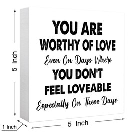 Affirmation Self-Love Wood Box Sign,You Are Worthy Of Love Sign Wooden Block for Office Tabletop Shelf Decor 5" x 5",Motivational Desk Decor Accessories for Women