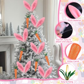 Sozize 12Pcs Easter Tree Decorations Bunny Ears and Carrots Set - Clip-on Fluffy Pink White Rabbit Ears with Hanging Carrots Ornaments for Easter Spring Party Home Decor
