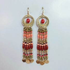 Fashion Jewelry E0807 Gold Color Metal Red Tone Beads Deco Tassel Drop Dangle Hook Earrings