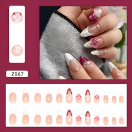 24Pcs Fake Nails Flower Press on Nails Medium Almond Glue on Nail with Pearl Design 3D Flower False Nails French Tip Nails Press Ons Glossy Full Cover Stick on Nail for Women and Girls