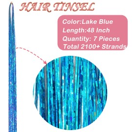 Lake Blue Hair Tinsel Kit: 48 Inches 7Pcs 2100 Sparkling Strands Glitter Tinsel Hair Extensions with Tools - Fairy Heat Resistant Hair Tinsel Accessories for Women Girls Kids