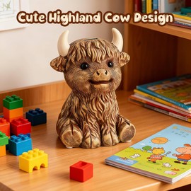 SOBEIT Highland Cow Piggy Bank, Ceramic Piggy Bank, Cute Coin Bank Money Bank for Kids Girls Boys, for Birthdays Baby Showers Keepsake Nursery Décor(5.7" Lx4.92 Wx7.87 H)