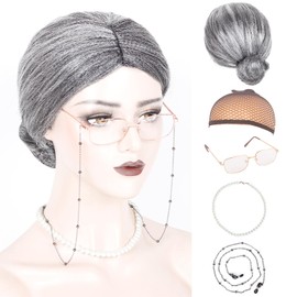WeKen Old Lady Wig Set,Old Lady Costume for Women Girls Grandma Costume Silver Grey Wig with Bun+Granny Glasses+Eyeglass Chain+Pearl Necklace+Wig Cap (5 Piece) for 100 Days of School Dress Up Party