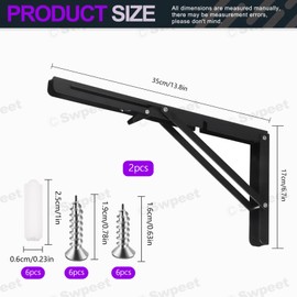 Swpeet 2 Pack 14" Folding Shelf Bracket, Heavy Duty DIY Wall Mounted Shelf Bracket Max Load 440 lb, Stainless Steel Decorative L Bracket Kit Contains 16/19MM Screw, Anchors for Table Work Bench, Black