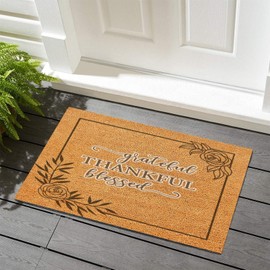 Grateful Thankful Blessed Coir Fiber Entrance Shoe Mat 16x24in Seasonal Wreaths Round Outdoor Welcome Mat Decorative Easy to Clean Entry Mat for Backyard Entry Home Decor