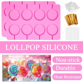 2Pcs Silicone Hard Candy Chocolate Molds, Round Non-stick Silicone Lollipop Sucker Mold Making Kit with 20 Sticks, 20 Count Golden Ropes and 100 Bags, for Candies, Panels, Jellies, Bread, Etc.