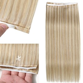 Caliee Long Tape in Hair Extensions Human Hair 20 Inch Reusable One Piece Tape in Weft Hair Extensions P18/613 Ash Blonde Highlight Light Blonde 50G Straight