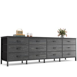 Huuger 70 Inch Dresser for Bedroom, TV Stand for 65, 75, 80 Inch TV,12 Drawer Long Dresser, Large Storage Organizer Unit, Fabric Drawer for Bedroom, Charcoal Black Wood Grain Print
