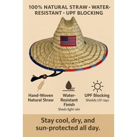 Straw Fishing Hat for Men and Women - UPF 50+ Wide Brim, Water-Repellent, American Flag Patch - Blue