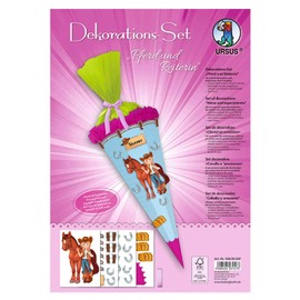 Decoration Set, 4 Sheets of Craft Cardboard DIN A4, Printed on Both Sides, Pre-cut and Grooved, for Decorating a School Cone, Partially Finished, with Satin Ribbon, Colourful