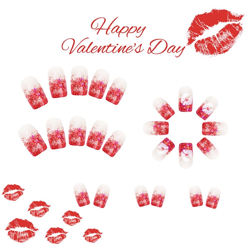24Pcs Valentines Press on Nails Wine Red Glitter Fake Nails