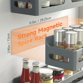 Sevenblue 4-Pack Magnetic Spice Rack for Refrigerator with Hooks, Grey | Strong multipurpose magnetic shelf for kitchen & bathroom organization. Includes