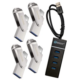 SanDisk Ultra Dual Drive Luxe 64GB Flash Drive (4 Pack) USB Type-C for Smartphones, Tablets, and Computers - High Speed (SDDDC4-064G-G46) Bundle with (1) Everything But Stromboli 4 Port USB 3.0 Hub