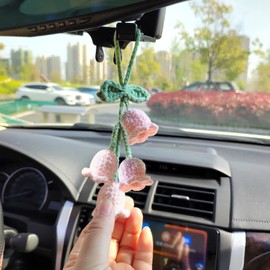 YAHUIPEIUS Car Mirror Hanging Accessories Decor,Car Rear View Mirror Bellflower Pendant Handmade Flower Knitted Charms Decoration for Car Keychain Handbag (Pink)