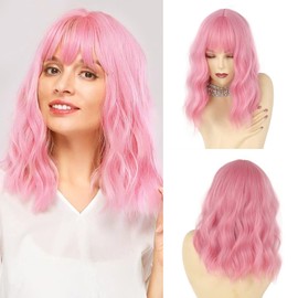 MAILARA Natural Wavy Short Bob Curly Wig With Bangs Synthetic Heat Resistant Fashion Hairstyles For Women 14 inch, Pink