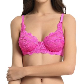 Sujetador de encaje para mujer, sujetador de encaje sin forro, con aros y cobertura completa, microfibra, Rosa brillante, 36DD