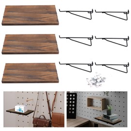 3 PCS Wooden Pegboard Shelves with 6 PCS Metal Pegboard Shelf Brackets Pegboard Hooks, Heavy Duty PegBoard Organizer Shelves, Pegboard Accessories for Craft Room, Home, Kitchen, Garage, Office