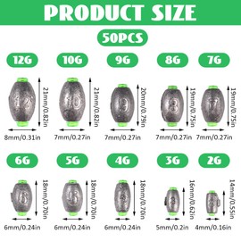 Pack of 50 Removable Fishing Weights, Oval Running Lead Fishing, Reusable Continuous Lead, Rustproof Lead Fishing for Outdoor, Deep Sea Boat Fishing (2g/3g/4g/5g/6g/7g/8g/9g/10g/12g, 10 Sizes)