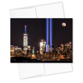 WTC Memorial Lights Downtown NYC Greeting Card – 5x7 Inch Blank Inside, Premium Sympathy & Remembrance Card with Envelope – Tribute to New York City Skyline, Designed by Small Business