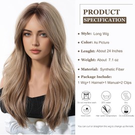 Esmee Long Wave Ombre Blonde Wig for Women with Curtain Bangs Natural Synthetic Hair Wigs for Daily Party Use