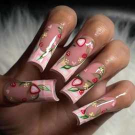 MISUD Press on Nails - Long Square Fake Nails with Pink French Tip, Acrylic Strawberry Design 24 pcs