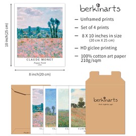 Berkin Arts Wall Art Unframed Prints Giclee Art Paper Set of 4, 8x10 inch Landscape Artwork, Office Decoration Elegant Spring Scenery Tree Minimalist Cloud Fashion Poppy Field Claude Monet Paintings