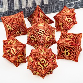ORIFANTOU Metal DND Dice Set with Box, Golden Red Tree Root D and D Dice for use with D&D RPG Tabletop Games, Polyhedral Role Playing Dice Set D20 D12 D10 D8 D6 D4