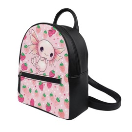 Showudesigns Strawberry Axolotl Backpack for Teen Girls Purse Gifts Mini Pu Leather Backpacks Cute Small Shoulder Bag Casual Daypack Kawaii Women's Sackpack Daypack Pink
