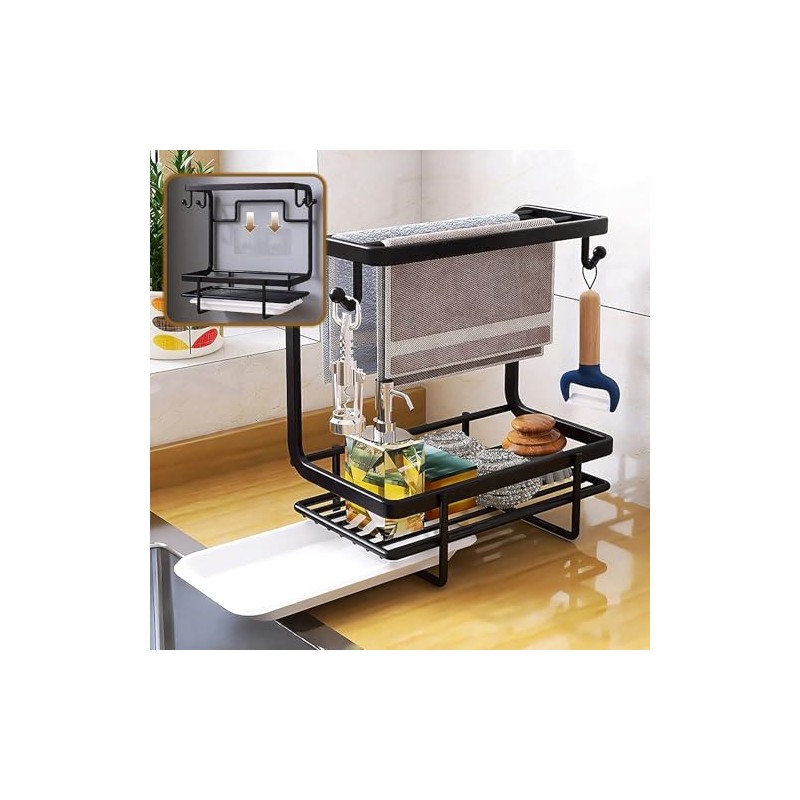 Sponge Holder Sink with Drip Tray and Hook, Multifunctional Sink