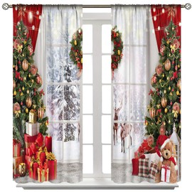 Christmas Window Curtains Winter Xmas Tree Glitter Print Curtains Home Decor Living Room Bedroom Window Drapes Treatment Fabric 2Panels 42 (W) x 45(L) Inch Decor