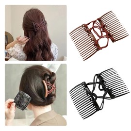 HIXNUG 4pcs Plastic Double Hair Combs Elastic Comb Hair Clip Magic Elastic Hair Slides for Women Thick Curly Thin Hair (Black, Brown)