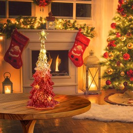 11 Inch Tabletop Christmas Tree with Sparkling Glitter - Battery Operated Acrylic Lighted Christmas Tree for Home Office Fireplace Christmas Holiday Decoration Festive Decor Gift, Warm White Glow