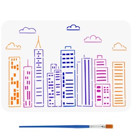 FINGERINSPIRE Cartoon Graffiti Skyline Stencil with Brush 21 x 29.7 cm Cartoon Cityscape Template City Building Pattern Painting Stencil Cityscape Skyline Template for Painting on Wooden Walls