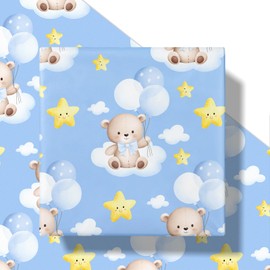 RUSPEPA Baby Shower Bear Birthday Wrapping Paper for Toddler Boy, Mini Roll, Blue Bear with Clouds Balloons Stars Gift Wrap Paper for Birthday Party, Baby Shower, 17 Inches x 16.4 Feet