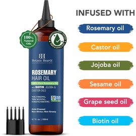 Botanic Hearth 100% Pure Rosemary Oil For Hair Growth (6.7 fl oz) Infused With Biotin, Jojoba & Castor Oil | Hair strengthening Treatment | Nourishing & Volumizing | Non GMO Verified