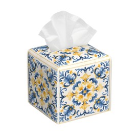 Edafol Yellow Blue Folk Floral Tile Pattern Tissue Box Cover Square PU Leather Waterproof Tissue Box Holder for Car Bathroom Bedroom Office Tabletop Decor