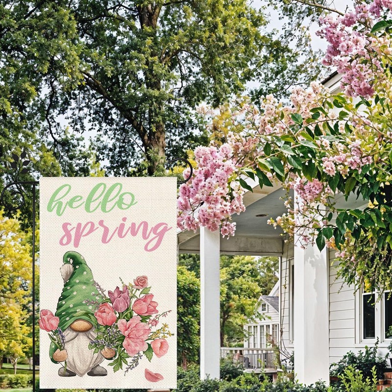 Gnome Hello Spring flowers Garden Flag 12x18 Inch Double Sided