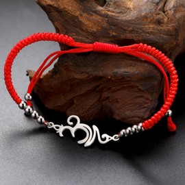 LIKGREAT Aum Om Bracelet Sanskrit Hindu Symbol Bracelet Spiritual Harmony Amulet for Meditation Yoga Adjustable Hand Braided Bracelets Jewelry for Women (Red Rope-Silver)