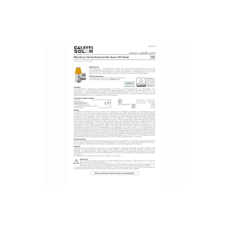 253048 Safety Valve for Solar Systems 1/2 Inch F x