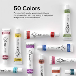 GenCrafts Gouache Paint Set - Set of 50 Premium Vibrant Colors - (12 ml, 0.406 oz.) - Quality Non Toxic Pigment Paints for Canvas, Fabric, Crafts, and More - for All Artists: Adults and Kids