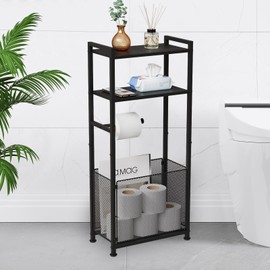 Anlanbor Free Standing Toilet Paper Holder Stand with Shelf, Bathroom Tissue Storage Stand Toilet Roll Dispenser Storage Rack for Phone, Wet Wipe, Bathroom Storage and Organizer Shelf for Small Space