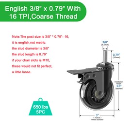 MALLLALA 5 Pack 3" Caster Wheels with Safety Dual Locking,Heavy Duty English 3/8"-16 UNC Bolt,Rubber Castors with Brakes,Threaded Stem Mount,360 Degree Swivel,Protection of Hardwood,Carpet,Tile Floor