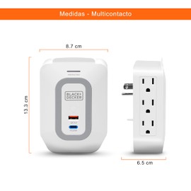 BLACK+DECKER Multicontacto con 6 Tomas Laterales con Puertos USB-A y USB-C BDXEEMTTAP4, Carga Rápida, Supresor de Picos, Diseño Compacto, Regleta de Corriente para Hogar y Oficina, Color Blanco y Gris