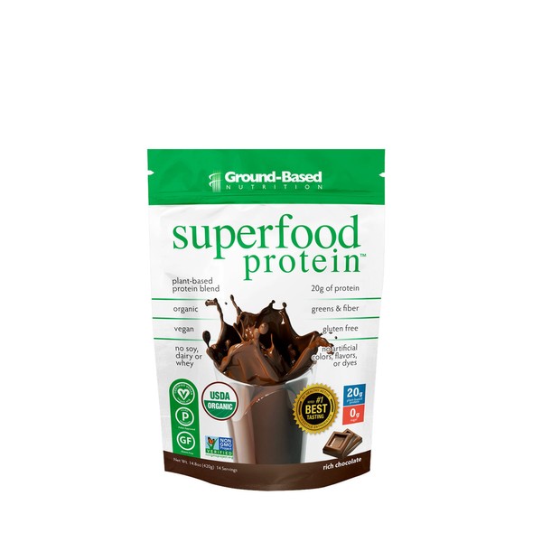 Superfood Protein, Plant-Based Protein Powder – Super food Powder + Essential Greens – Organic, Vegan, Keto, Paleo, Non Dairy, No Sugar, Low Calorie High Protein Powder, Non-GMO, Gluten Free - 14 Servings, Rich Chocolate