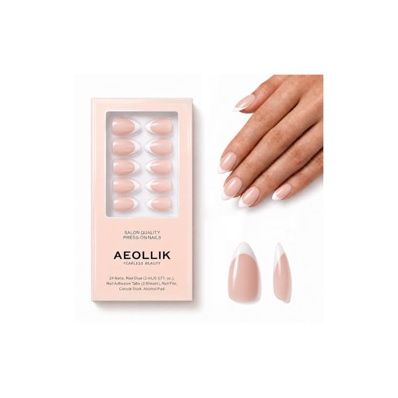 Aeollik Uñas postizas hechas a mano, cortas, almendradas, blancas, con