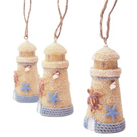 Sand Lighthouse Christmas Ornaments with Sea Turtle & Shells, Set of 3, Unique Holiday Decor, Beach Themed Decorations, 3 Inches