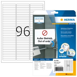 HERMA HERMA 4202 Universal Etiketten ablösbar, 25 Blatt, 63,5 x 8,5 mm, 96 pro A4 Bogen, 2400 Stück, selbstklebend, bedruckbar, matt, blanko Papier Klebeetiketten Aufkleber, weiß