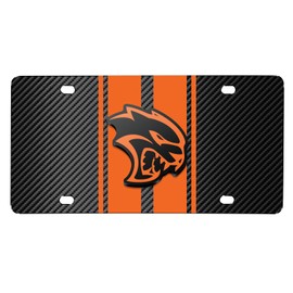 iPick Image for Dodge Hellcat 3D Logo in Orange on Orange Stripe Black Carbon Fiber Look Stainless Steel License Plate for Decorative