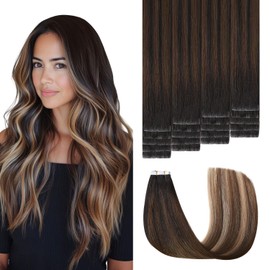 Sweetmet Injection Tape in Hair Extensions Real Human Hair 3rd-Generation #1b/4/27 Natural Black to Chocolate Brown and Caramel Blonde 20pcs 35g 16inch Invisible Tape in Extensions（#1b/4/27-16inch）