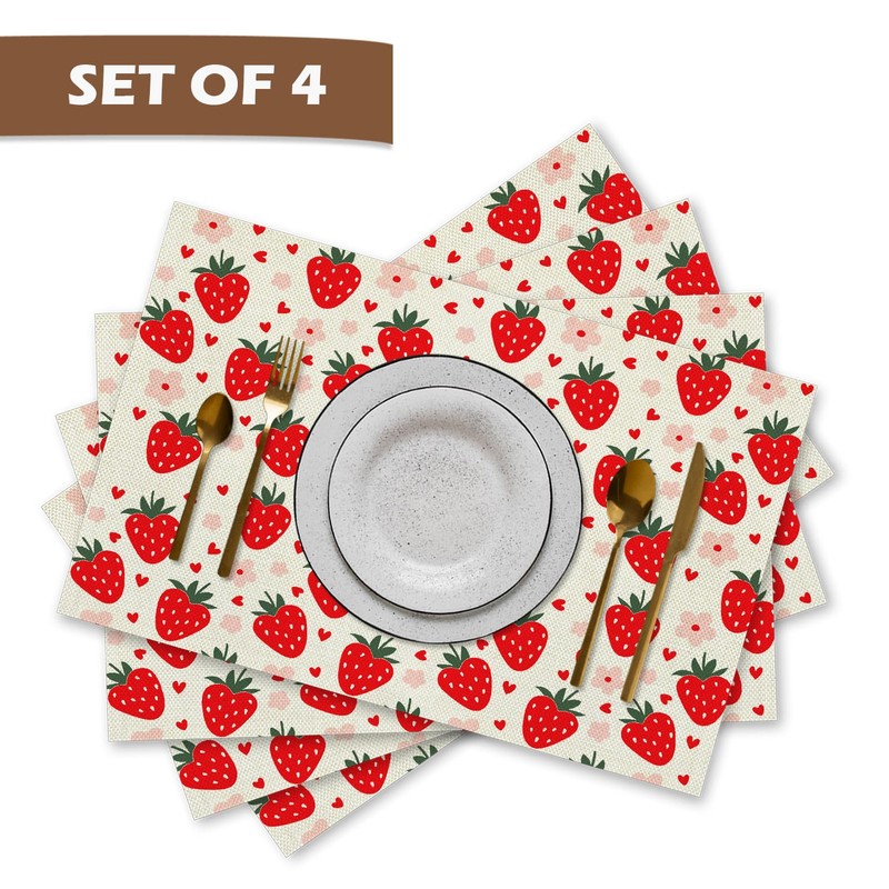 Red Cute Kids Fruit Strawberry Placemats Set of 4, Table